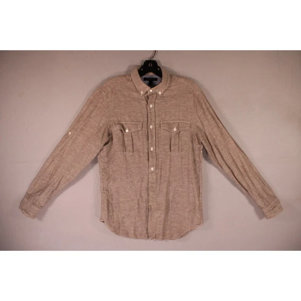 Banana Republic Men's Slim Fit Linen Blend Safari Brown Roll Tab Shirt Size S